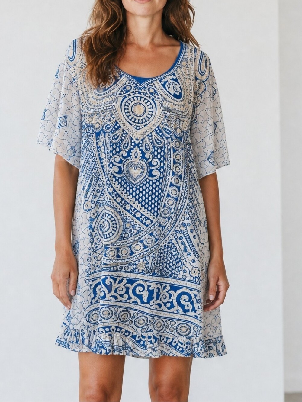 Blue & White Printed Midi Dress with Scoop Neckline